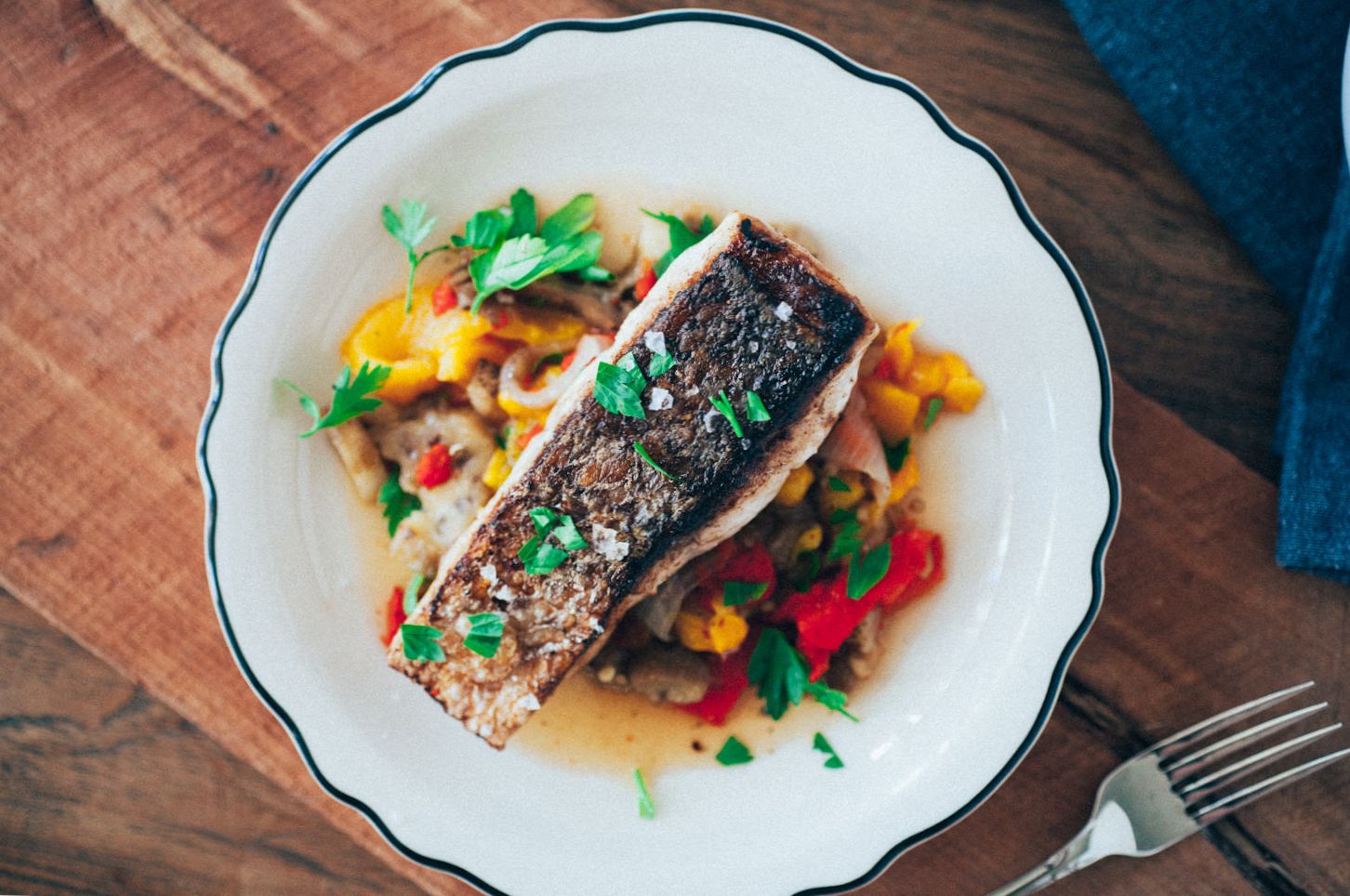 Crispy Sea Bass and Potatoes with Mediterranean Vegetables