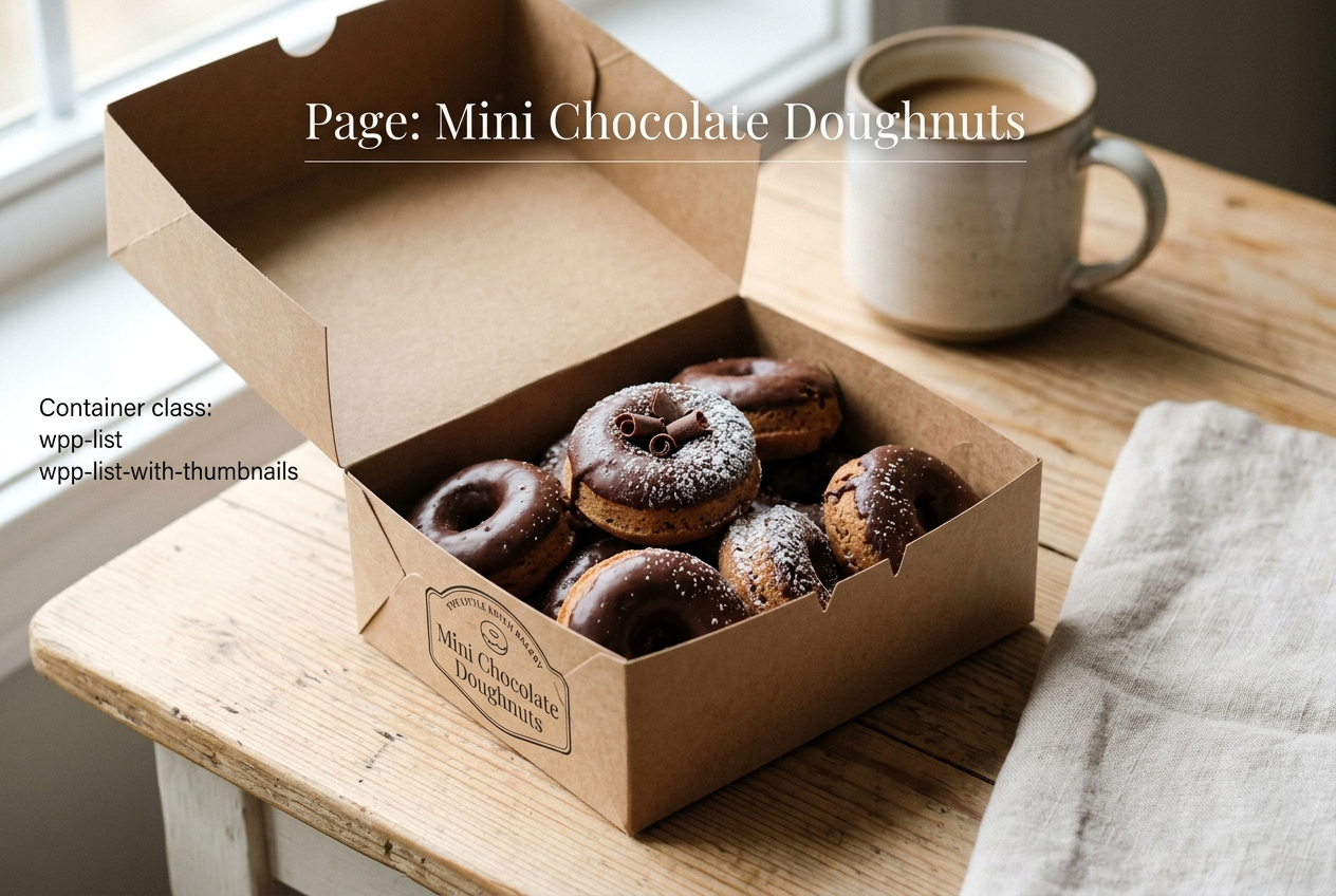 Page: Mini Chocolate Doughnuts. Container class: wpp-list wpp-list-with-thumbnails