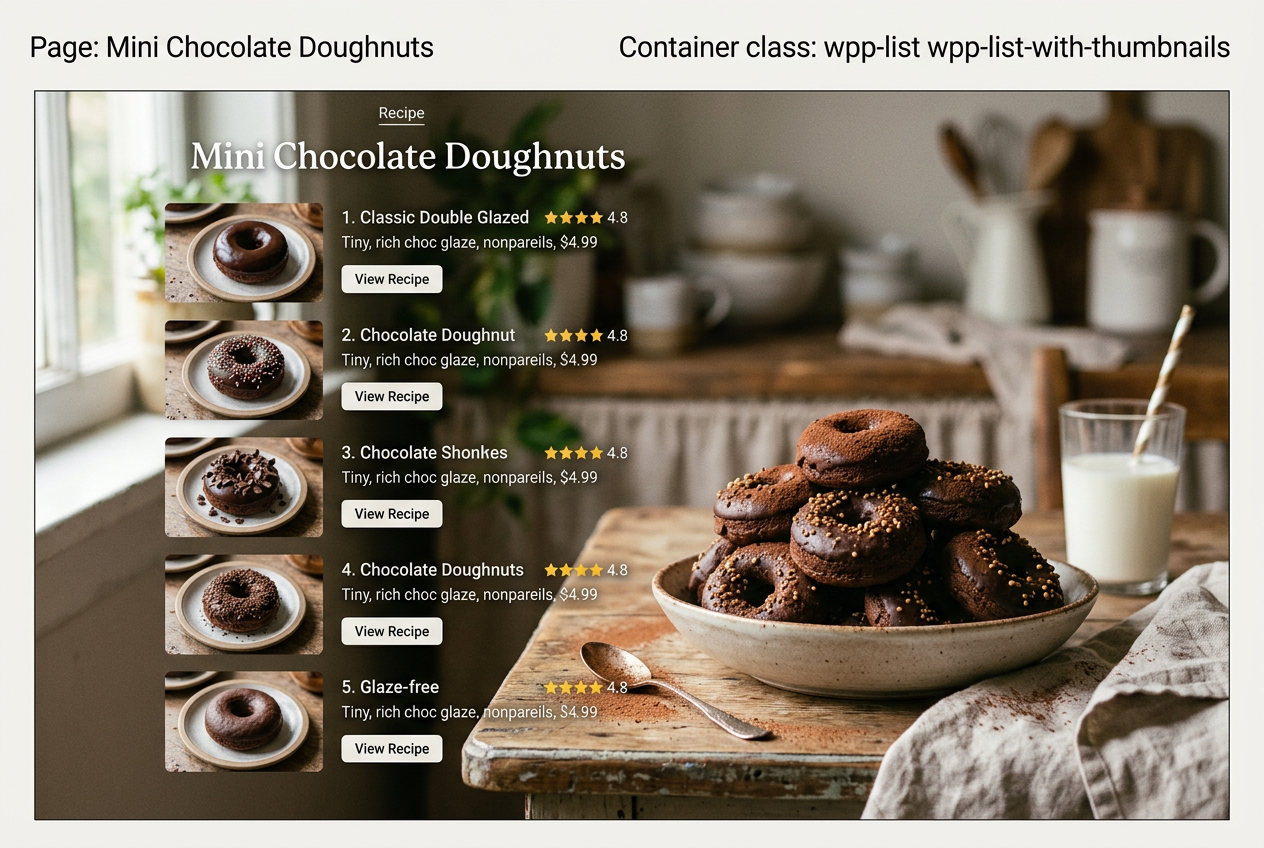 Page: Mini Chocolate Doughnuts. Container class: wpp-list wpp-list-with-thumbnails